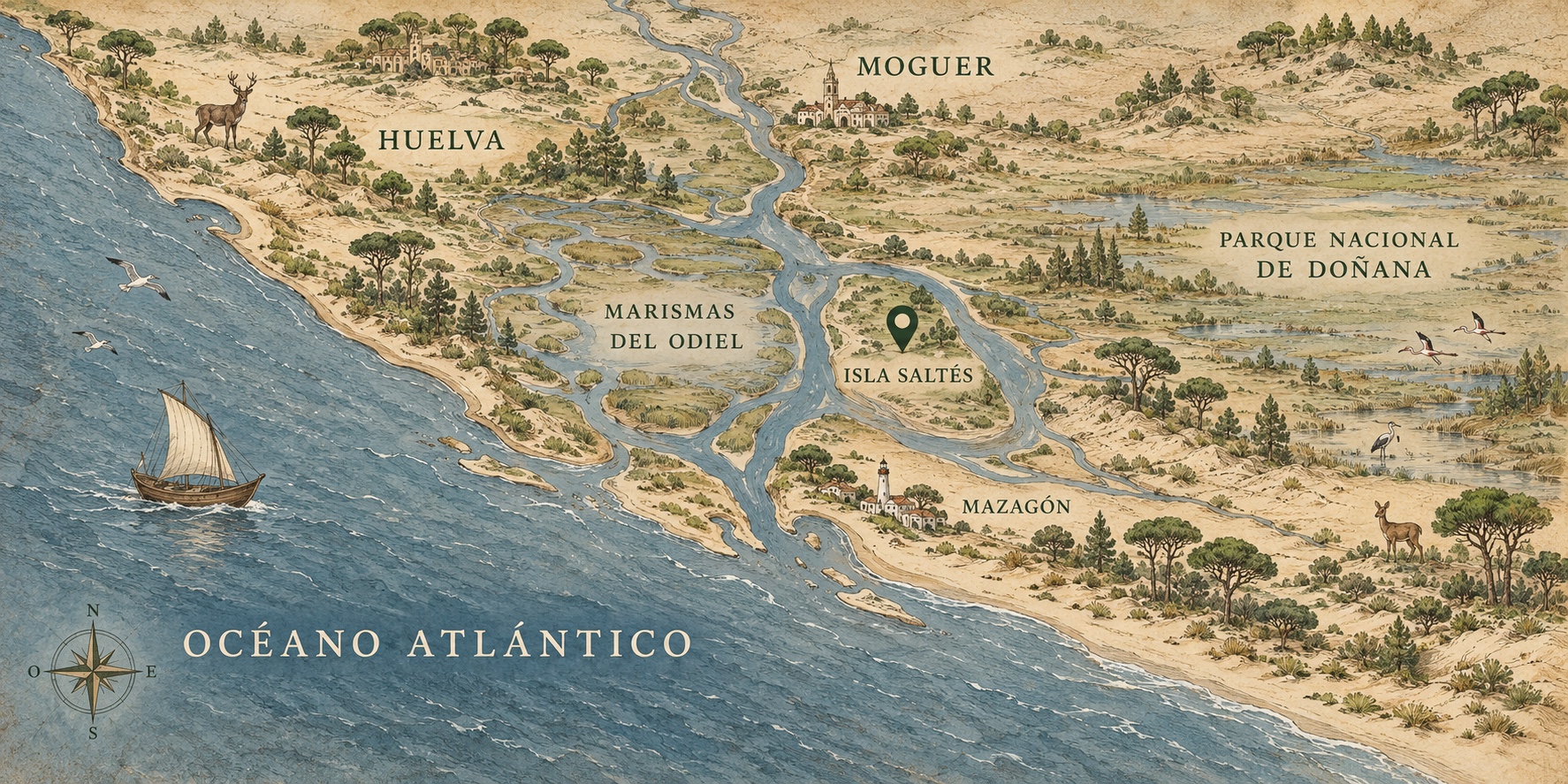 Mapa ilustrado sobre pergamino de Huelva, Moguer, las Marismas del Odiel, Isla Saltés, Mazagón y Doñana, con pinares, un velero y una rosa de los vientos.